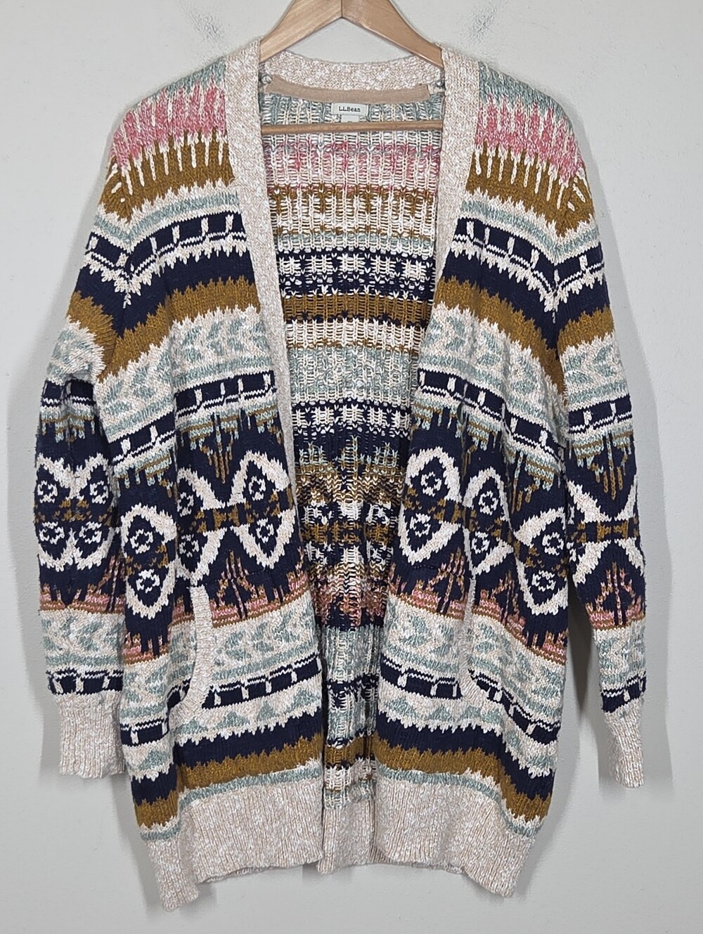 LL Bean Fair Isle Cardigan Sweater Open Front Pockets 1X Chunky Heavy Knit